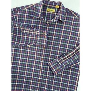 Vintage LL Bean Shirt Mens LRG Green Blue Burgundy Plaid Long Sleeve Button Down